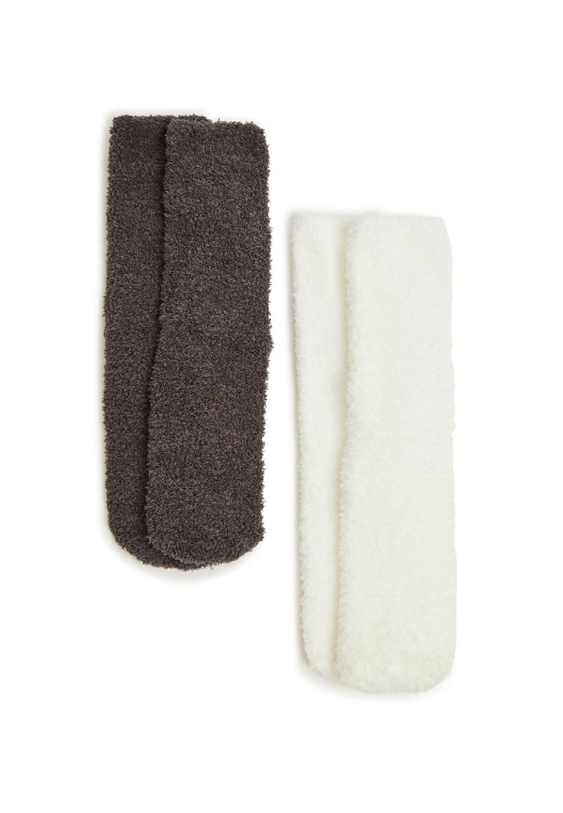 Coppia di fasce per capelli in grigio scuro e bianco, realizzate in un morbido tessuto testurizzato con un design senza cuciture e bordi arrotondati.