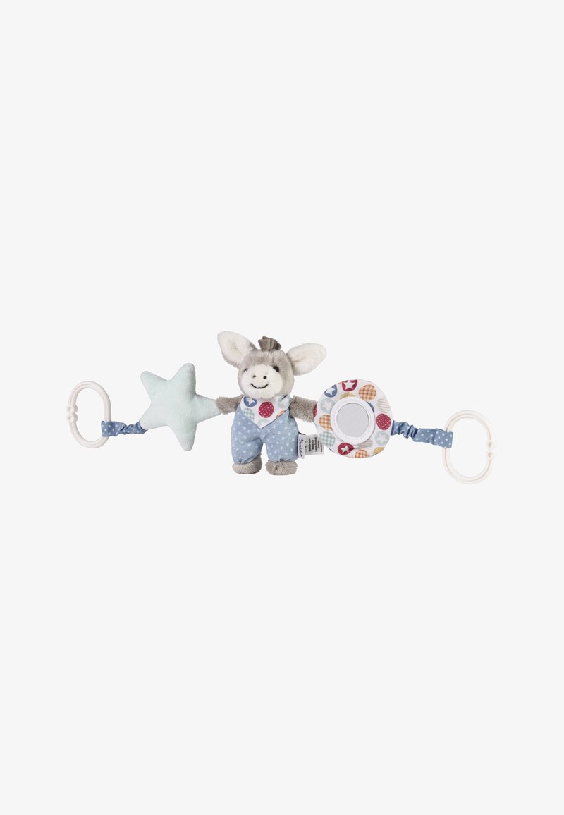 Soft plush toy with a donkey character, light gray and blue patterned fabric, attached star and round teether, featuring varied colors and textures.