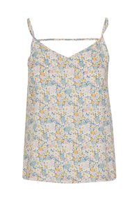 Bloemen topje met een v-hals, dunne verstelbare bandjes, pastelkleuren en een patroon van gele, roze en blauwe bloemen op een lichte achtergrond.