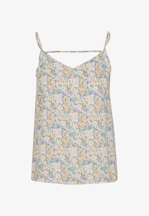 Gėlėta cami palaidinė su V formos iškirpte, plonais reguliuojamais dirželiais, pastelinių spalvų, su geltonų, rožinių ir mėlynų gėlių raštu šviesiame fone.