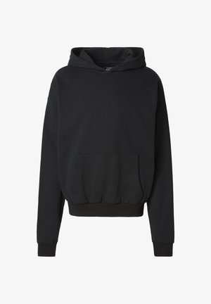 Fekete, hosszú ujjú kapucnis pulóver elülső kenguruzsebbel, bordázott mandzsettákkal és szegéllyel, laza szabással.