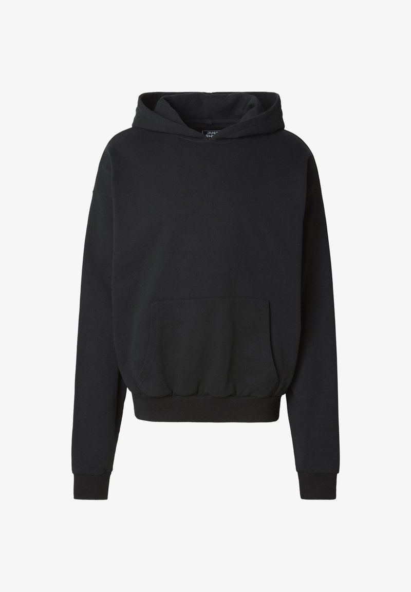 Sweat à capuche noir à manches longues avec poche kangourou frontale, poignets et ourlet côtelés, et coupe décontractée.
