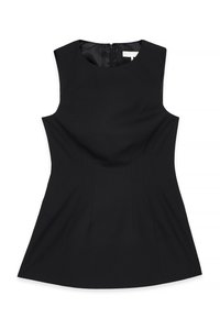 Must mustriga kleit ümmarguse kaelusega, laieneva hemiga ja kohandatud õmblustega. Tagumine tõmbluku kinnitamine, sile kangas ja puhas siluett.