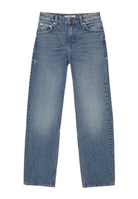 Jean denim bleu à jambes droites avec cinq poches, fermeture par bouton et zip, et zones délavées sur les cuisses et les genoux.