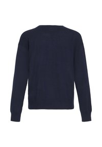 Marineblauer Pullover mit langen Ärmeln, rundem Halsausschnitt und gerippten Akzenten. Glatte Textur, schlichtes Design, keine Muster oder sichtbaren Logos.