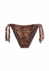 Bikiniunderdel med djurmönster i nyanser av brunt och svart; har snören på sidorna; slät innerfoder; designad för en åtsittande look.
