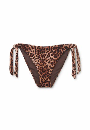 Bikini dolne z nadrukiem zwierzęcym w odcieniach brązu i czerni; ma związki po bokach; gładka podszewka; stylizowane na dopasowany krój.