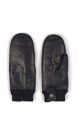 Black leather mittens with a ribbed black knit cuff. Features a thumb compartment and a circular metal accent on the exterior.
