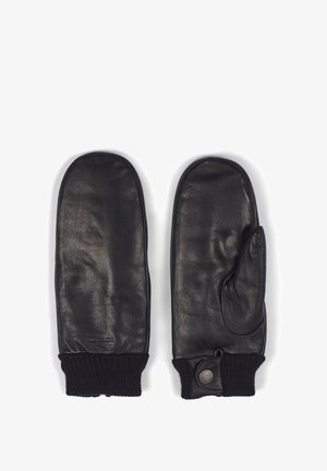 Black leather mittens with a ribbed black knit cuff. Features a thumb compartment and a circular metal accent on the exterior.