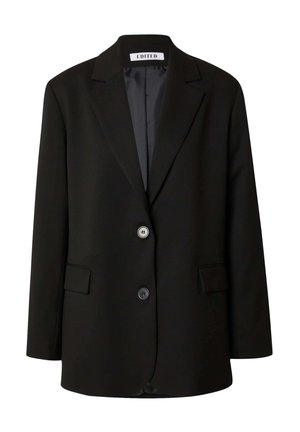 Zwarte blazer van soepel materiaal, met een gelapte revers, twee knopen en twee voorzakken voor een gestructureerde uitstraling.