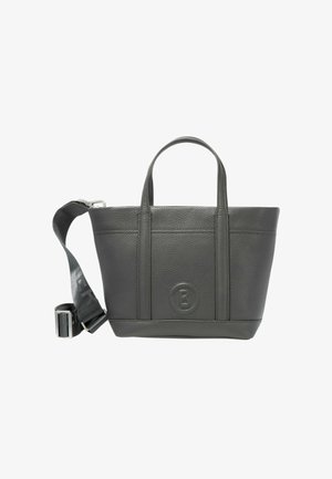 Bolso tote de cuero gris oscuro con dos asas cortas y una correa de hombro desmontable. Cuenta con una superficie texturizada y detalle de logotipo en relieve.