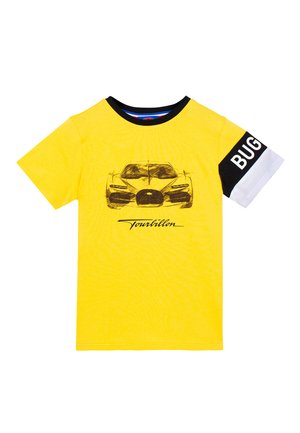 Yellow short-sleeve T-shirt with black collar, black sports car sketch and "Tourbillon" text on front, black and white sleeve band with "BUG" text.