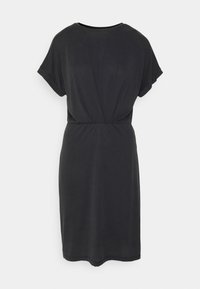 Schwarzes Kleid aus weichem, dehnbarem Stoff. Verfügt über kurze Ärmel, einen runden Ausschnitt und eine geraffte Taille. Glatte Textur, knielange Silhouette.
