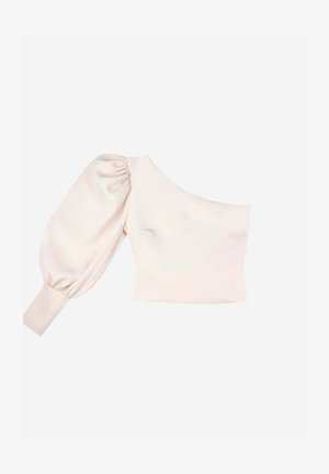 Top asimétrico de un solo hombro en satén beige claro, con una manga abullonada con detalles fruncidos y un cuerpo ajustado.