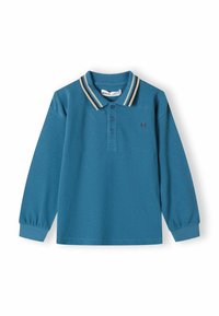 Modra polo majica z dolgimi rokavi in gumbi na ovratniku, s črtastim ovratnikom, ki ima na prsih majhen izvezen logotip jelena.