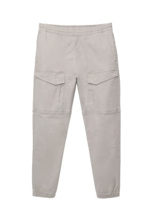 Lichtgrijze cargobroek met een elastische tailleband, taps toelopende benen, twee zijzakken en ton-sur-ton stiksels. Zachte katoenen stof, minimalistisch ontwerp.