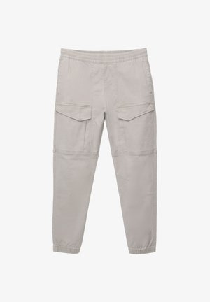 Lichtgrijze cargobroek met een elastische tailleband, taps toelopende benen, twee zijzakken en ton-sur-ton stiksels. Zachte katoenen stof, minimalistisch ontwerp.