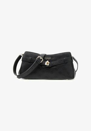 Sac à épaule noir Guess avec motif logo embossé, bandoulière ajustable, boucle dorée et petit détail de verrouillage à l'avant.