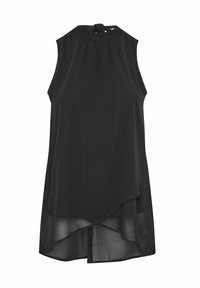 Blusa nera senza maniche con collo alto e chiusura a legatura, caratterizzata da un orlo asimmetrico a strati e un tessuto liscio e leggero.