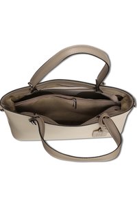 Beige leren handtas met twee stevige handvatten, een ruime binnenkant, een ritsvak en contrasterende stiksel details.