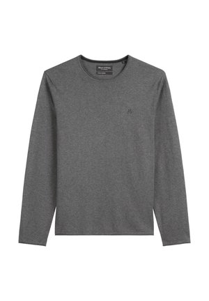T-shirt gris à manches longues en tissu mélangé coton, avec un col rond et un petit logo sur la partie gauche de la poitrine.