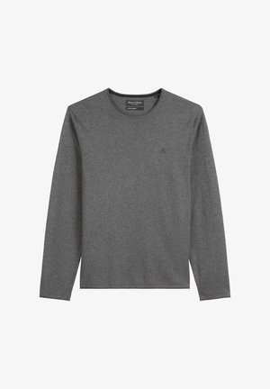 Graues Langarm-T-Shirt aus Baumwollmischgewebe mit rundem Ausschnitt und kleinem Logo auf der linken Brustseite.