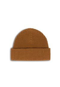 Bruine gebreide beanie met een omgeslagen rand, met een geribde textuur en een ronde bovenkant voor een snug fit. Meet ongeveer 25 cm in breedte.
