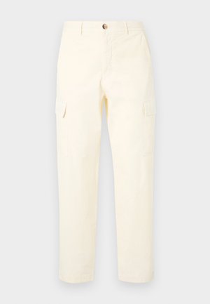 Šviesiai geltonos medvilninės krovinių kelnes, su šoninėmis kišenėmis ir tiesiu kojų siluetu, su sagos uždarymu juosmens srityje.