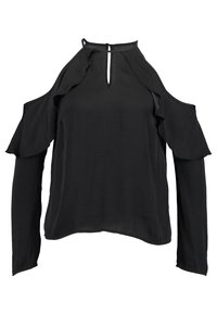 Blouse noire à manches longues avec design épaule dénudée, accents froncés, ouverture en keyhole au niveau du cou et coupe décontractée. Texture de tissu lisse.