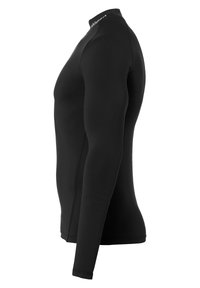 Maglietta nera a maniche lunghe realizzata in materiale elastico e liscio. Presenta un colletto alto e un design aderente con cuciture piatte lungo i fianchi.