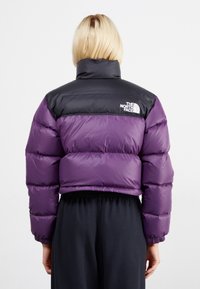 Person with blonde hair wearing a cropped purple and black padded jacket with The North Face logo on the back, paired with black pants.