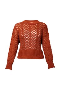 Roestkleurige gebreide trui met een losse pasvorm, voorzien van een geweven chevronpatroon en geribde boorden en zoom. Textuur en lichtgewicht ontwerp.