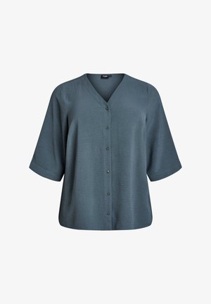 Kurzärmliges Hemd mit Knopfleiste in einem gedämpften Teal-Ton. Es hat einen V-Ausschnitt, eine weiche Textur und dezente horizontale Streifen.