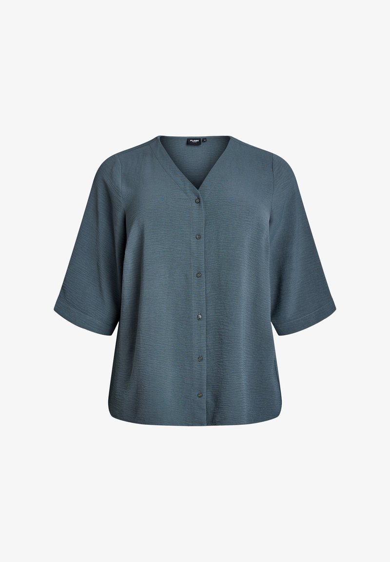 Camicia a maniche corte con bottoni di colore verde teal smorzato. Presenta un collo a V, una texture morbida e sottili righe orizzontali.