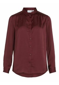Burgundy button-up shirt made from smooth, shiny fabric. Features long sleeves, a collar, and pleating at the shoulders, with a rounded hem.