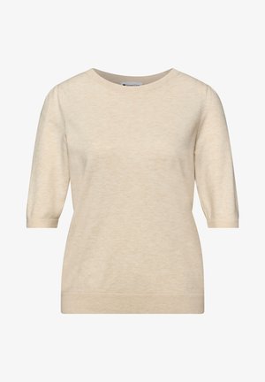 Haut beige en maille à manches courtes avec encolure ronde et poignets et ourlet côtelés, présenté sur un fond blanc uni.