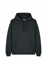 Zwarte hoodie van katoen, met een ruime vozakker, een capuchon met trekkoord, ribgebreide mouwen en zoom. Minimalistisch ontwerp zonder patronen.
