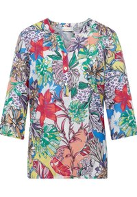 Mehrfarbige Blumenbluse mit V-Ausschnitt, Dreiviertelärmeln und Knopfverschluss. Sie besticht durch lebhafte Muster und einen leichten, glatten Stoff.