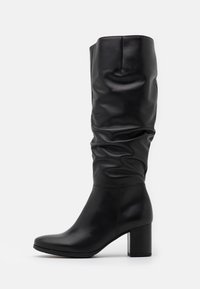 Black leather knee-high boots feature a smooth texture, a slightly slouched design, and a chunky block heel.