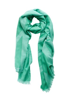 Écharpe en tissu doux vert clair avec des rayures diagonales subtiles, bouclée lâchement avec des extrémités à franges sur fond blanc.
