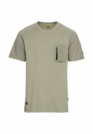 Khaki T-Shirt mit kurzen Ärmeln aus weichem Material, ausgestattet mit einer Brusttasche mit Reißverschluss und einem Raglanärmel-Design für optimale Bewegungsfreiheit.