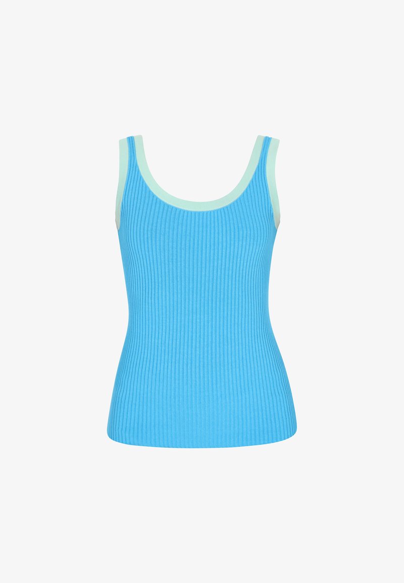 Blå randig linne med en figurnära design, med ljus myntgrön kant runt halsringningen och ärmhålen. Slät textur genom hela plagget.