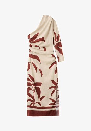Beiges Midi-Kleid mit einem schulterfreien Träger und langem Ärmel, ausgestattet mit rostfarbenem tropischem Blattdruck und gerafften Details am Oberteil.