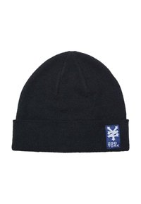 Căciulă tricotată neagră cu mansetă pliată, având un patch cu logo albastru și text grafic alb care spune "ZOO YORK." Material texturat.