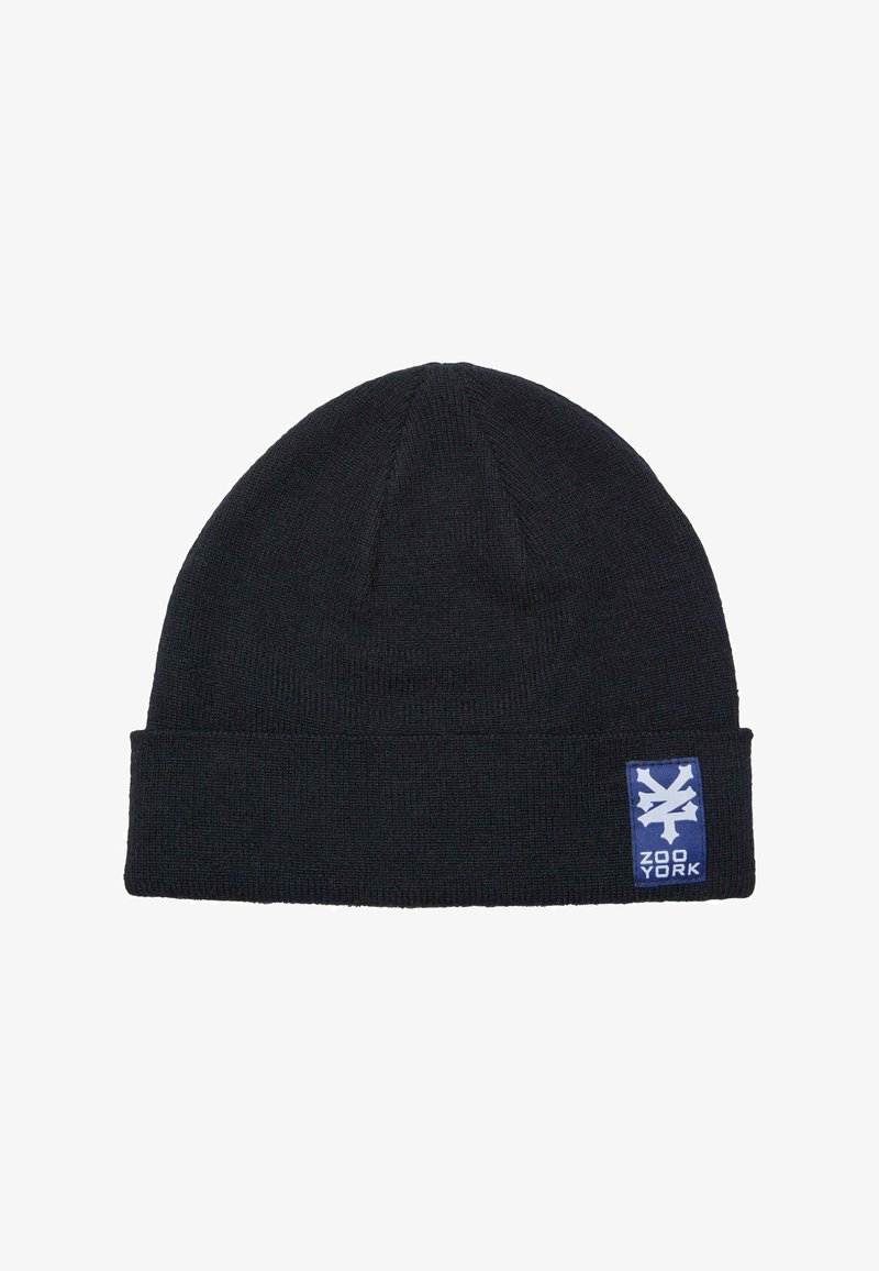 Must kollane müts, millel on volditud ääreosa ja mis kannab sinist logo silti koos valge graafilise tekstiga, mis ütleb "ZOO YORK". Tekstuuritud materjal.