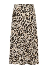 Leopardmönstrad kjol med en beige botten, svarta och bruna fläckar, elastiskt midjeband och flödande A-linjedesign. Mjuk tygtextur.