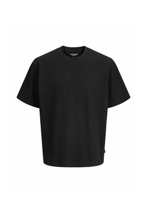 Must lühikeste varrukatega soonikust t-särk ümara kaelusega, millel on silt Jack & Jones Essentials, kuvatud lihtsal valgel taustal.