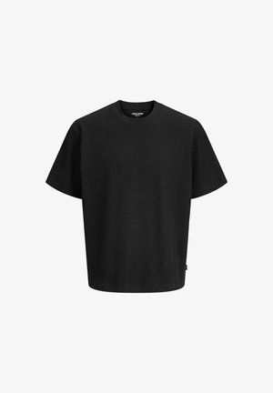 Must lühikeste varrukatega soonikust t-särk ümara kaelusega, millel on silt Jack & Jones Essentials, kuvatud lihtsal valgel taustal.