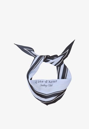 Zwart-wit gestreept zijden halsdoekje geknoopt, met de tekst "Côte d'Azur Sailing Club" gedrukt aan de voorkant.