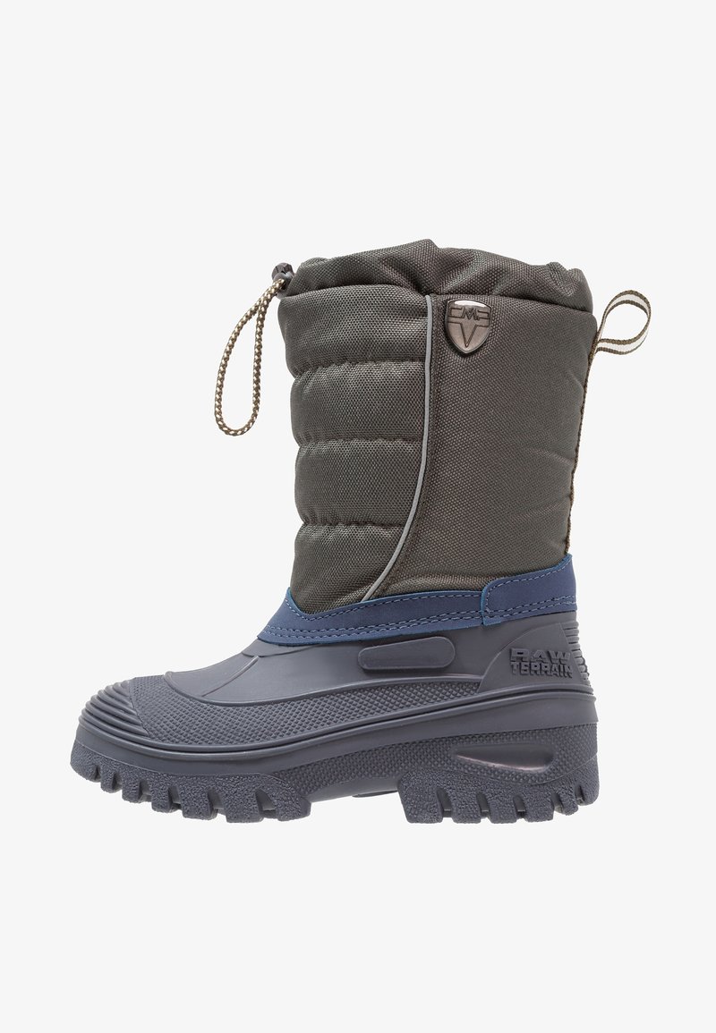 Botte d'hiver isolée avec une tige en textile gris matelassé, des accents en néoprène bleu et une semelle en caoutchouc noir robuste pour une meilleure traction. Comprend une fermeture à cordon.